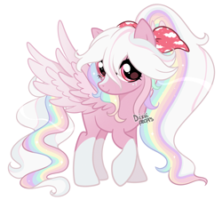 Size: 2000x1800 | Tagged: safe, artist:dixieadopts, oc, oc only, oc:rainbow dream, pegasus, pony, blaze (coat marking), bow, coat markings, colored wings, facial markings, female, freckles, gradient wings, hair bow, looking at you, mare, multiple wings, pink eyes, ponytail, raised hoof, simple background, smiling, socks (coat markings), solo, sparkly mane, sparkly tail, spread wings, standing, tail, transparent background, wings