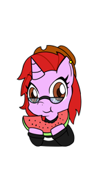 Size: 1080x2028 | Tagged: safe, artist:chakiz zukulenz, oc, oc only, oc:chakiz zukulenz, pony, unicorn, clothes, eating, food, glasses, hat, herbivore, simple background, solo, sweater, transparent background, watermelon