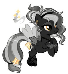 Size: 2000x2173 | Tagged: safe, artist:dixieadopts, oc, oc only, oc:silver star, pegasus, pony, ballet slippers, bow, colored wings, colored wingtips, ear piercing, earring, eyeshadow, female, flapping, flying, freckles, golden eyes, hairband, high res, jewelry, lidded eyes, makeup, mare, multicolored wings, necklace, piercing, ponytail, simple background, smiling, solo, tail, tail bow, transparent background, wings, yellow eyes