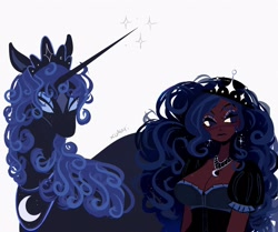Size: 3278x2744 | Tagged: safe, artist:xoauri, princess luna, alicorn, human, pony, g4, alternate hairstyle, breasts, clothes, crown, cute, dark skin, dress, duo, ear piercing, earring, eyeshadow, female, high res, human ponidox, humanized, jewelry, lunabetes, makeup, mare, markings, necklace, piercing, regalia, self paradox, self ponidox, simple background, white background