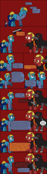 Size: 792x2927 | Tagged: safe, artist:j-yoshi64, oc, oc only, oc:firebrand, oc:j-pony64, oc:lunacorva, human, hybrid, pony, unicorn, yoshi, comic:taking a self-insert too seriously, analysis bronies, blonde hair, blue coat, comic, dialogue, exposition, facehoof, green mane, human in equestria, lykorvid, male, ponified, red coat, reference to another series, self insert, speech bubble, stallion, text, thought bubble, wall of text