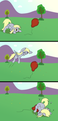 Size: 7320x15184 | Tagged: safe, artist:mizhisha, derpy hooves, pegasus, pony, g4, balloon, balloon riding, behaving like a cat, bush, cloud, comic, faceplant, female, grass, mare, mountain, outdoors, pain star, pounce, silly, solo, task failed successfully, tongue out, tree