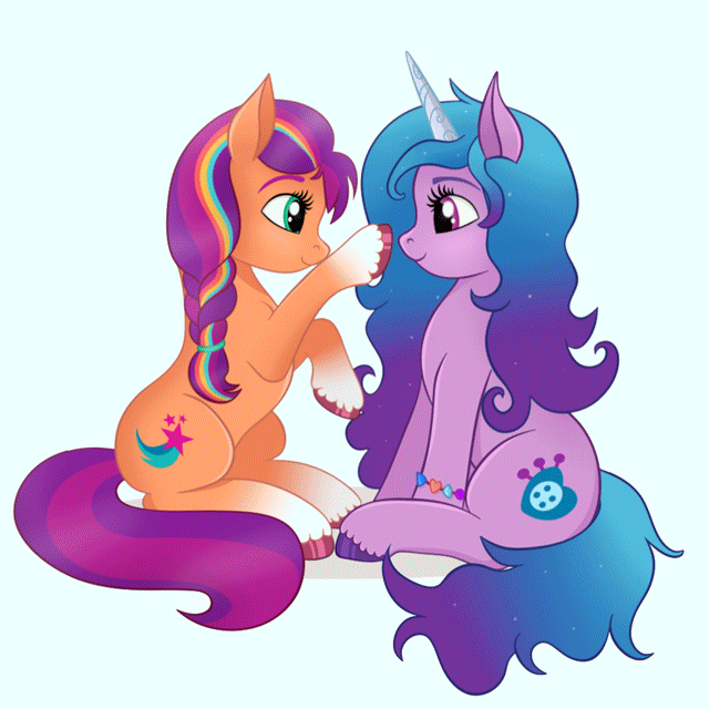 [animated,boop,bracelet,braid,cute,daaaaaaaaaaaw,earth pony,female,g5,gif,jewelry,lesbian,mare,pony,ponytail,safe,shipping,simple background,sitting,unicorn,unshorn fetlocks,white background,looking at each other,weapons-grade cute,artist:szafir87,braided ponytail,friendship bracelet,sunnybetes,looking at someone,sunny starscout,izzybetes,izzy moonbow,izzyscout,mane stripe sunny,physique difference]