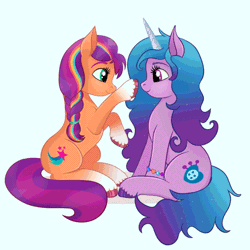 Size: 640x640 | Tagged: safe, artist:szafir87, izzy moonbow, sunny starscout, earth pony, pony, unicorn, g5, animated, boop, bracelet, braid, braided ponytail, cute, daaaaaaaaaaaw, female, friendship bracelet, gif, izzybetes, jewelry, lesbian, looking at each other, looking at someone, mane stripe sunny, mare, physique difference, ponytail, ship:moonscout, shipping, simple background, sitting, sunnybetes, unshorn fetlocks, weapons-grade cute, white background