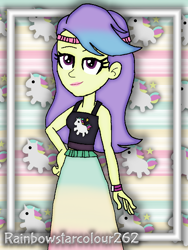 Size: 768x1024 | Tagged: safe, artist:rainbowstarcolour262, part of a set, snow flower, human, series:equ wallpapers, equestria girls, g4, let it rain, my little pony equestria girls: better together, abstract background, background human, bare shoulders, clothes, cutie mark background, cutie mark on clothes, female, hand on hip, headband, lipstick, long skirt, midriff, part of a series, signature, skirt, sleeveless, solo, tank top, two toned hair, wristband