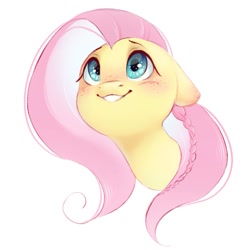 Size: 1029x1065 | Tagged: safe, artist:melodylibris, fluttershy, pony, g4, alternate hairstyle, blushing, braid, bust, cute, daaaaaaaaaaaw, ear blush, female, floppy ears, freckles, freckleshy, grin, looking up, mare, portrait, shyabetes, simple background, smiling, solo, three quarter view, white background