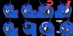 Size: 384x192 | Tagged: safe, artist:scootaloormayfly, princess luna, alicorn, pony, gamer luna, g4, angry, angry video game nerd, beer bottle, bottle, censored, censored vulgarity, crown, exclamation point, glasses, headphones, jewelry, pixel art, question mark, regalia, rpg maker vx ace, simple background, sprite, swearing, symbol