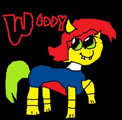 Size: 576x570 | Tagged: safe, artist:foxncrow4eva4344, bird, earth pony, pony, woodpecker, g4, 1000 hours in ms paint, 40s, black background, bucktooth, crossover, green tail, male, ponified, raised hoof, raised leg, red hair, red mane, shitposting, simple background, smiling, stallion, tail, universal studios, walter lantz, woody woodpecker, woody woodpecker (series)