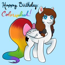 Size: 1080x1080 | Tagged: safe, artist:blacklightblogging, oc, oc only, oc:color splash, pegasus, pony, blue background, bow, female, grin, happy birthday, mare, pigtails, rainbow tail, raised hoof, simple background, smiling, solo, tail, tail bow, twintails