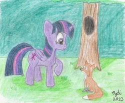 Size: 1238x1022 | Tagged: safe, artist:opti, twilight sparkle, alicorn, fox, pony, g4, forest, solo, traditional art, tree, twilight sparkle (alicorn)