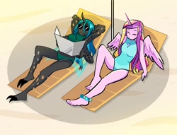 Size: 1965x1500 | Tagged: safe, artist:stevetwisp, part of a set, princess cadance, queen chrysalis, alicorn, changeling, anthro, g4, anklet, barefoot, beach, beach chair, boob window, chair, clothes, colored, duo, eyes closed, feet, female, four arms, jewelry, lesbian, multiple arms, multiple limbs, sand, shapeshifting, ship:cadalis, shipping, sunbathing, sunglasses, swimsuit