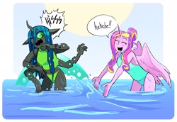 Size: 2178x1500 | Tagged: safe, artist:stevetwisp, part of a set, princess cadance, queen chrysalis, alicorn, changeling, anthro, g4, alternate hairstyle, beach, blushing, clothes, colored, duo, eyes closed, female, four arms, hissing, laughing, legs together, lesbian, multiple arms, ocean, open mouth, playful, ship:cadalis, shipping, speech bubble, splashing, swimsuit, water