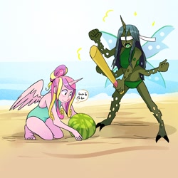 Size: 1500x1500 | Tagged: safe, artist:stevetwisp, part of a set, princess cadance, queen chrysalis, alicorn, changeling, anthro, g4, :p, alternate hairstyle, barefoot, baseball bat, beach, blindfold, changeling loves watermelon, clothes, colored, duo, feet, female, food, four arms, humming, lesbian, multiple arms, ocean, open mouth, sand, ship:cadalis, shipping, swimsuit, this will end in pain, tongue out, water, watermelon