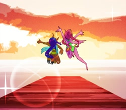 Size: 2000x1760 | Tagged: safe, artist:stevetwisp, part of a set, princess cadance, queen chrysalis, alicorn, changeling, anthro, g4, alternate hairstyle, arms in the air, barefoot, beach, clothes, colored, dock, duo, feet, female, jumping, lens flare, lesbian, ocean, ship:cadalis, shipping, sunset, swimsuit, tail, water