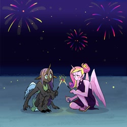 Size: 1900x1900 | Tagged: safe, artist:stevetwisp, part of a set, princess cadance, queen chrysalis, alicorn, changeling, anthro, g4, alternate hairstyle, barefoot, beach, beach dress, blushing, boob window, clothes, colored, crouching, dress, duo, feet, female, fire, fireworks, four arms, lesbian, multiple arms, night, sand, sandals, ship:cadalis, shipping, sparkler (firework), stars, summer, summer dress, sundress, updo