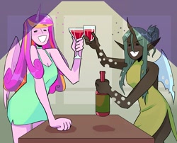 Size: 1745x1408 | Tagged: safe, artist:stevetwisp, part of a set, princess cadance, queen chrysalis, alicorn, changeling, anthro, g4, alcohol, alternate hairstyle, blushing, bottle, bubble, clothes, colored, dress, drink, drinking, drinking glass, drunk, duo, eyes closed, female, glass, grin, lesbian, ship:cadalis, shipping, smiling, table, tipsy, toasting, wine, wine bottle, wine glass