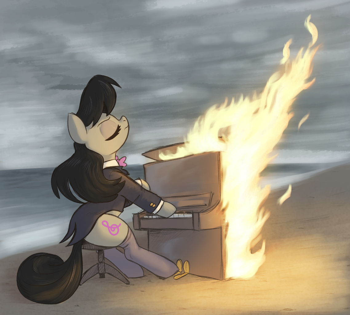 [beach,bowtie,burning,chair,clothes,cloud,cloudy,coat,earth pony,eyes closed,female,fire,mare,ocean,piano,ponified,pony,safe,sitting,solo,stockings,suit,thigh highs,water,octavia melody,musical instrument,artist:t72b,danila bolshakov]