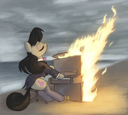 Size: 3000x2700 | Tagged: safe, artist:t72b, octavia melody, earth pony, pony, g4, beach, bowtie, burning, burning piano meme, chair, clothes, cloud, cloudy, coat, danila bolshakov, eyes closed, female, fire, high res, mare, meme, musical instrument, ocean, outdoors, piano, playing instrument, ponified, ponified meme, ponified scene, reference in the comments, serious, sitting, solo, stockings, suit, thigh highs, water