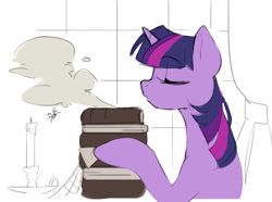 Size: 1711x1271 | Tagged: safe, artist:egil, twilight sparkle, pony, spider, unicorn, g4, blowing, book, candle, dust, eyes closed, female, mare, simple background, sketch, solo, spider web, that pony sure does love books, unicorn twilight, white background