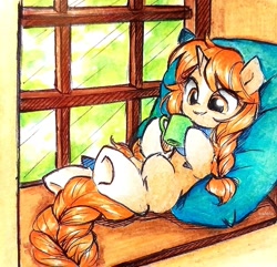 Size: 1905x1835 | Tagged: safe, artist:liaaqila, oc, oc only, oc:morning latte, pony, unicorn, braid, braided ponytail, braided tail, commission, cute, female, holding, horn, indoors, lying down, mare, mug, ocbetes, on back, pillow, ponytail, solo, tail, traditional art, underhoof, unicorn oc, window