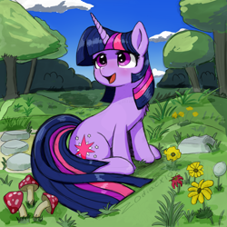 Size: 2048x2048 | Tagged: safe, artist:zodiacx10, twilight sparkle, pony, unicorn, g4, cloud, cute, female, flower, forest, grass, high res, mare, mushroom, open mouth, open smile, rock, signature, sitting, sky, smiling, solo, tree, twiabetes, unicorn twilight