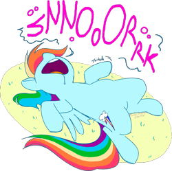 Size: 1309x1303 | Tagged: safe, artist:vellichorom, rainbow dash, pegasus, pony, g4, drool, drool on face, drool string, emanata, female, lying down, majestic as fuck, mare, on back, open mouth, salivating, simple background, sleeping, snoring, solo, text, transparent background