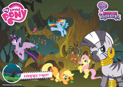 Size: 1800x1275 | Tagged: safe, applejack, fluttershy, rainbow dash, twilight sparkle, zecora, alicorn, bird, butterfly, earth pony, frog, pegasus, pony, zebra, g4, official, crouching, earth pony fluttershy, everfree forest, explore equestria, female, flying, frog inspector applejack, hot air balloon, looking at something, looking at you, mare, mask, my little pony logo, outdoors, postcard, race swap, rearing, spread wings, stock vector, text, tree, twilight sparkle (alicorn), wingless, wings, zecora's hut
