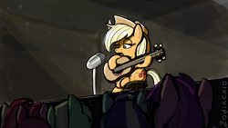 Size: 1920x1080 | Tagged: safe, artist:zodiacx10, applejack, earth pony, pony, g4, dust motes, female, guitar, mare, microphone, musical instrument, signature, singing, sitting, solo focus, spotlight, stage, stool