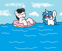 Size: 713x583 | Tagged: safe, oc, oc:compushka, oc:pon-pushka, earth pony, pony, unicorn, donut, food, pon-pushka, swimming