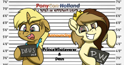 Size: 1200x628 | Tagged: safe, oc, oc:deus, oc:prince whateverer, barbie, barbie (film), barbie mugshot meme, duo, meme, mugshot, ponycon holland