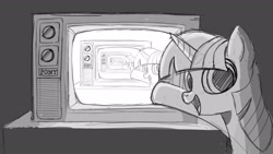 Size: 1920x1080 | Tagged: safe, artist:zodiacx10, twilight sparkle, pony, g4, monochrome, open mouth, open smile, recursion, sketch, smiling, solo, television, trippy