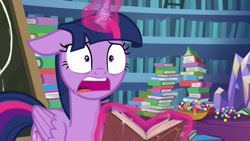 Size: 2560x1440 | Tagged: safe, screencap, twilight sparkle, alicorn, pony, g4, my little pony best gift ever, book, faic, floppy ears, magic, open mouth, solo, telekinesis, twilight sparkle (alicorn), twilight's castle