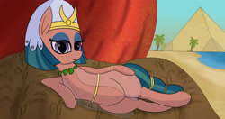 Size: 4096x2160 | Tagged: safe, artist:suryfromheaven, somnambula, g4, couch, desert, draw me like one of your french girls, egyptian, egyptian headdress, egyptian pony, eyelashes, gold, lake, looking at you, sitting, smiling, smiling at you, solo, stupid sexy somnambula, water