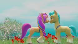 Size: 1920x1080 | Tagged: safe, artist:thisguy, hitch trailblazer, sunny starscout, earth pony, pony, g5, 3d, blender, blender eevee, duo, duo male and female, female, flower, grass, male, mane stripe sunny, sheriff's badge, ship:starblazer, shipping, sky, stallion, straight, water