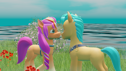 Size: 1920x1080 | Tagged: safe, artist:thisguy, hitch trailblazer, sunny starscout, earth pony, pony, g5, butt, duo, duo male and female, female, flower, grass, grass field, hitchbutt, looking at each other, looking at someone, male, mane stripe sunny, mare, plot, ship:starblazer, shipping, sky, stallion, straight, water