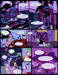 Size: 783x1021 | Tagged: safe, artist:dendoctor, applejack, bon bon, derpy hooves, dinky hooves, lyra heartstrings, mayor mare, nightmare moon, nurse redheart, rainbow dash, rarity, spike, sweetie belle, sweetie drops, twilight sparkle, alicorn, bat, dragon, pegasus, pony, unicorn, comic:queen of tartarus, friendship is magic, g4, crying, golden oaks library, ponyville, ponyville town hall, royal guard