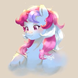 Size: 1536x1536 | Tagged: safe, artist:mikkybun, sweet stuff, earth pony, pony, g1, beige background, blushing, bust, cute, female, mare, signature, simple background, smiling, solo, sweet sweet stuff
