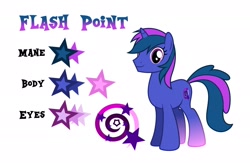 Size: 2048x1336 | Tagged: safe, artist:drakizora, oc, oc only, oc:flash point, pony, unicorn, eyelashes, gradient legs, looking at you, male, purple eyes, reference sheet, simple background, solo, standing, text, white background