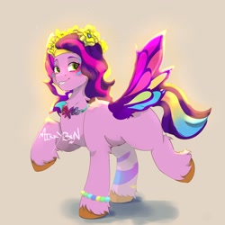 Size: 2048x2048 | Tagged: safe, artist:mikkybun, pipp petals, pegasus, pony, g5, adorapipp, beige background, bracelet, colored wings, cute, female, flower, flower in hair, grin, heart, heart eyes, high res, jewelry, mare, multicolored wings, rainbow wings, signature, simple background, smiling, solo, spread wings, standing on two hooves, wingding eyes, wings