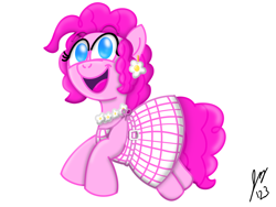 Size: 2160x1620 | Tagged: safe, artist:jesslmc16, pinkie pie, earth pony, pony, g4, barbie, barbie (film), belt buckle, clothes, daisy (flower), digital, digital art, dress, female, floating, floral necklace, flower, full body, jumping, looking at you, mare, pink, procreate app, simple background, smiling, smiling at you, solo, summer dress, sundress, white background