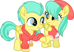 Size: 6867x4809 | Tagged: safe, artist:starryshineviolet, barley barrel, pickle barrel, pegasus, pony, g4, my little pony: rainbow roadtrip, absurd resolution, barrel twins, brother and sister, clothes, colt, cute, duo, female, filly, foal, hat, hoodie, hoofbump, looking at each other, looking at someone, male, shirt, siblings, simple background, t-shirt, transparent background, twins, vector