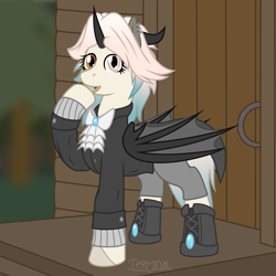 Size: 1200x1200 | Tagged: safe, artist:terminalhash, oc, oc:lappy, bat pony, demon, demon pony, pony, bat pony oc, boots, briefs, clothes, commission, forest, shirt, shoes, solo, sweater, thinking, underwear, vector