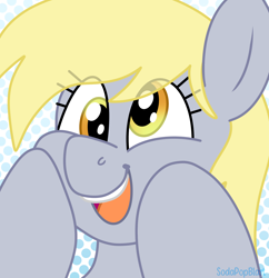 Size: 1796x1856 | Tagged: safe, artist:sodapopblast, derpy hooves, pegasus, pony, g4, derp, eye clipping through hair, female, hooves on cheeks, icon, mare, open mouth, open smile, polka dot background, signature, smiling, solo