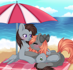 Size: 1034x998 | Tagged: safe, artist:arllistar, oc, oc only, oc:blackened blue, oc:darknightprincess, oc:scarlet moonlight, pegasus, pony, beach, beach umbrella, bow, cuddling, hair bow, ocean, red hair, umbrella, water