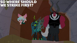 Size: 2000x1125 | Tagged: safe, edit, edited screencap, editor:quoterific, screencap, cozy glow, lord tirek, queen chrysalis, alicorn, centaur, changeling, changeling queen, pegasus, pony, taur, g4, the ending of the end, alicornified, bell, cozycorn, crown, evil lair, grogar's bell, grogar's lair, hands behind back, jewelry, lair, legion of doom, race swap, regalia, ultimate chrysalis
