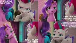 Size: 2000x1125 | Tagged: safe, edit, edited screencap, editor:quoterific, screencap, misty brightdawn, pipp petals, zipp storm, pegasus, pony, a little horse, g5, my little pony: make your mark, my little pony: make your mark chapter 4, spoiler:g5, spoiler:my little pony: make your mark, spoiler:my little pony: make your mark chapter 4, spoiler:mymc04e06, adorapipp, adorazipp, comic, comically missing the point, crystal brighthouse, cute, detective zipp, dialogue, duo focus, female, folded wings, funny, grin, literal minded, looking at each other, looking at someone, mare, royal sisters (g5), screencap comic, siblings, sisters, smiling, stained glass, trio, wings