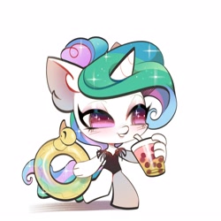 Size: 3150x3150 | Tagged: safe, artist:rrd-artist, princess celestia, alicorn, anthro, unguligrade anthro, g4, alternate hairstyle, bubble tea, chibi, clothes, drink, female, high res, inner tube, mare, one-piece swimsuit, pool toy, simple background, solo, swimsuit, white background