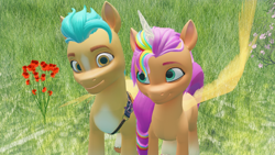 Size: 1920x1080 | Tagged: safe, artist:thisguy, hitch trailblazer, sunny starscout, alicorn, earth pony, pony, g5, 3d, alicornified, blender, blender eevee, duo, duo male and female, female, flower, grass, grass field, hug, looking at each other, looking at someone, male, mane stripe sunny, mare, race swap, sheriff's badge, ship:starblazer, shipping, stallion, straight, winghug, wings