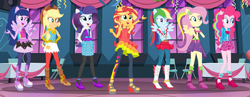 Size: 6960x2705 | Tagged: safe, artist:machakar52, applejack, fluttershy, pinkie pie, rainbow dash, rarity, sunset shimmer, twilight sparkle, alicorn, human, equestria girls, g4, my little pony equestria girls: rainbow rocks, boots, clothes, cowboy hat, crossed arms, gloves, hand on hip, hands behind back, hat, headband, high heel boots, high heels, humane five, humane seven, humane six, multicolored hair, open mouth, open smile, pegasus wings, ponied up, rainbow hair, sandals, shoes, smiling, twilight sparkle (alicorn), wings