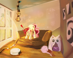 Size: 2500x2000 | Tagged: safe, artist:меджуки, roseluck, pony, g4, behaving like a cat, collar, commission, commissioner:doom9454, couch, cute, exclamation point, high res, pet tag, pony pet, room, roomba, rosepet, solo, threat display